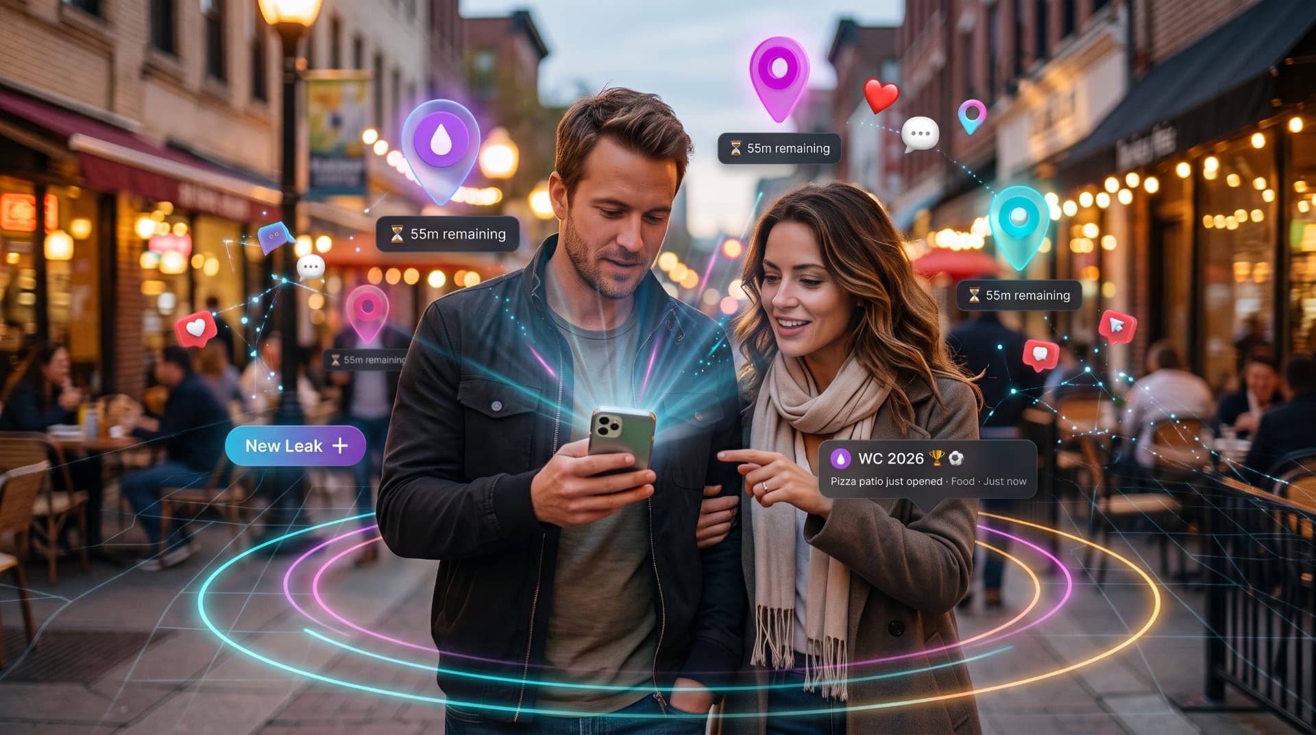 Two people discovering live leaks together on a city street, with floating leak pins and timers around them