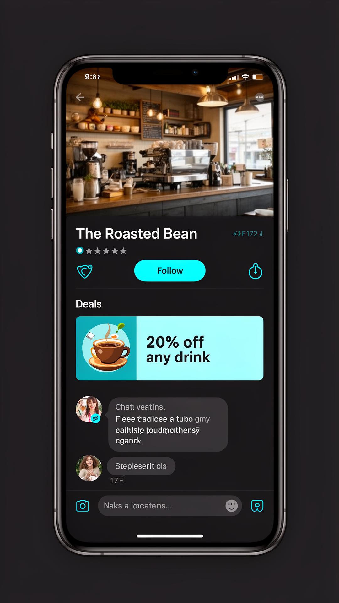 Business Hub screenshot showing a local coffee shop profile with deals, chat, and verified badge